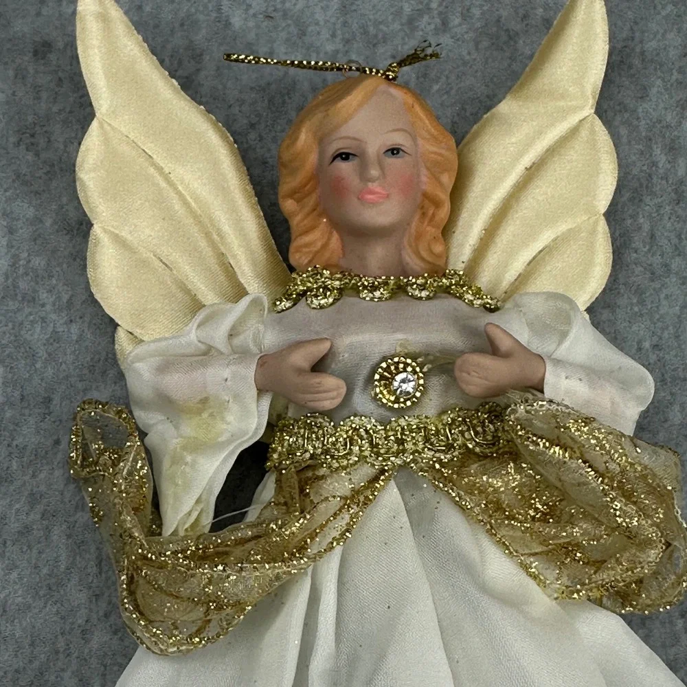 Vintage Angel Tree Topper Ornament Gold Cream Satin Resin Face 8.5 Inch‎